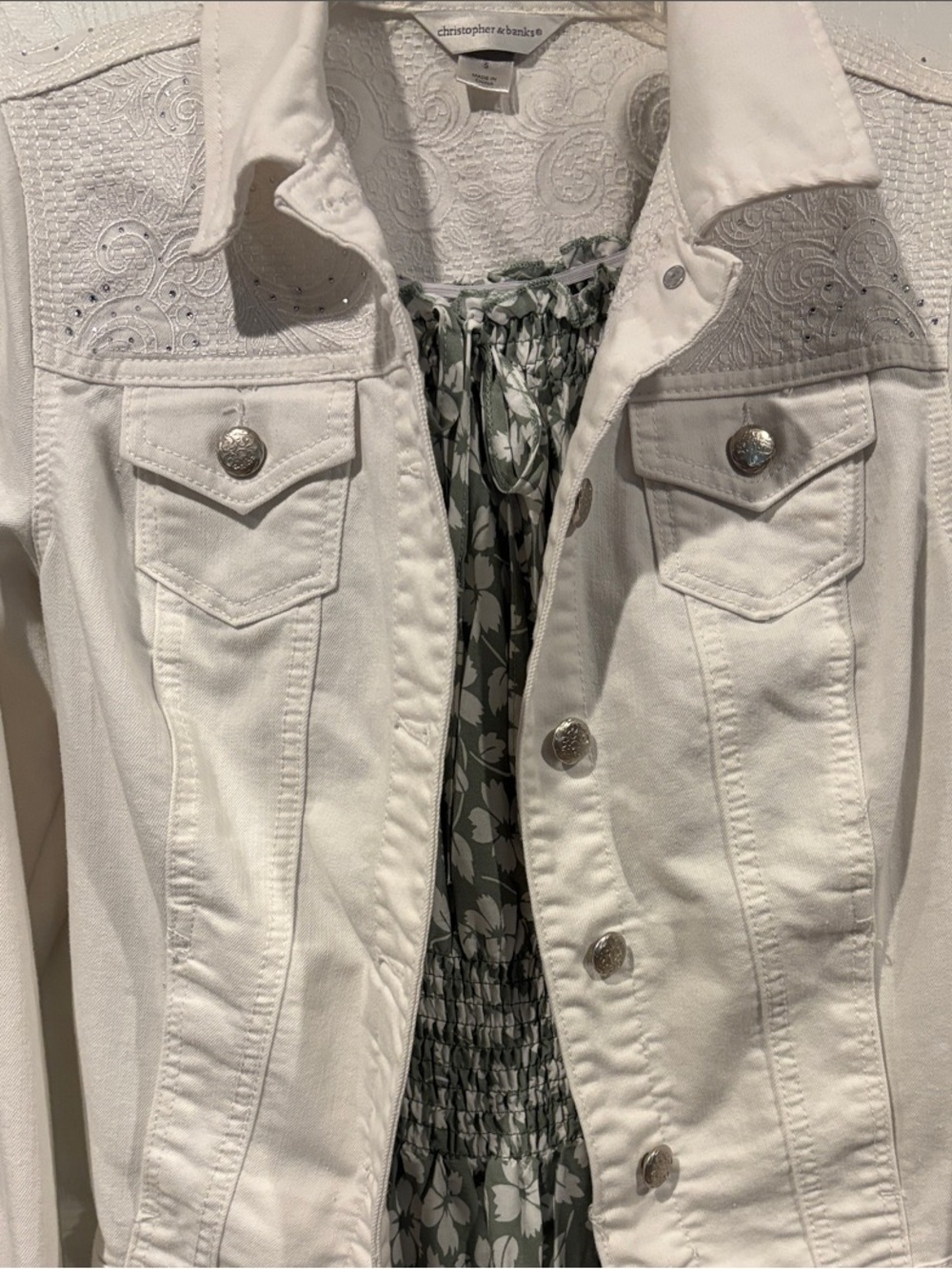 Christopher & Banks White Embroidered Denim Jacket with Silver Buttons